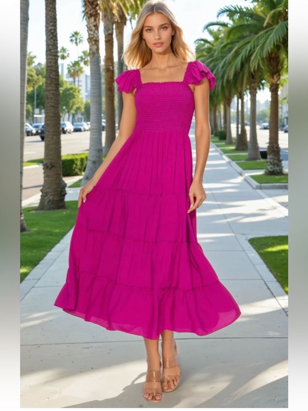 NWT Palm Springs Glow Smocked Teal or Pink Tiered Maxi Dress Sleeves